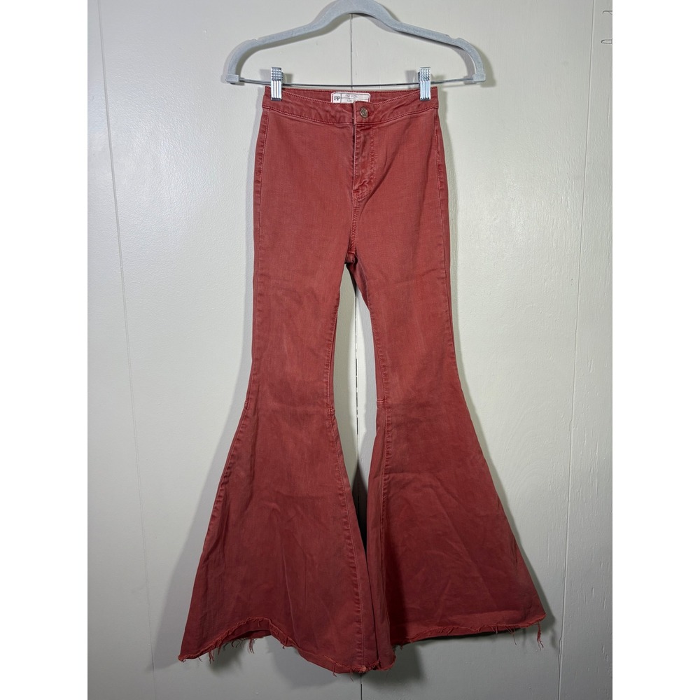 Free People Super Flare Jeans Rust Red High Rise Bell Bottoms 24R 70s Hippie